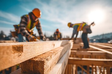 Construction workers building house framing on sunny day