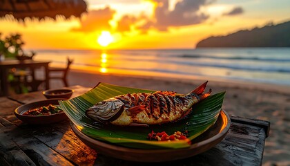 Fototapeta premium Grilled fish on a plate with sunset view over the beach