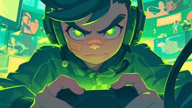 Gamer character with headset, holding game controller, anime style motion animated