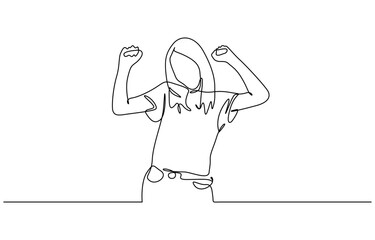 Obraz premium Continuous line drawing of cheering woman hands up, Isolated on transparent background