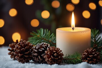 A christmas candle glows warmly amidst pine cones and evergreen branches with bokeh lights in the background