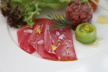 A close-up view of a beautifully plated fresh Tuna dish, perfect for culinary use