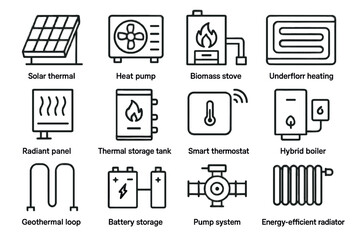 Panels stove biomass boiler icons geothermal vector storage heating unit icon system