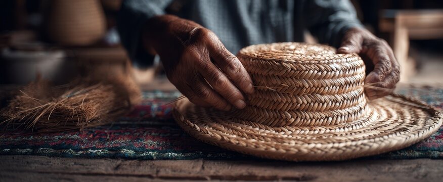 The Straw Hat Weaver's Hands Crafting a Traditional Woven Hat on a Table