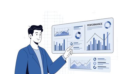 Business analyst presenting performance data with charts and graphs on a digital display