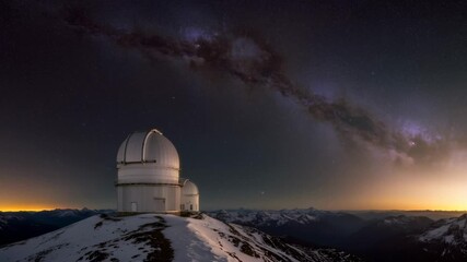 Astronomical observatory on snowy mountain peak under milky way, celestial night sky with stars, galaxy scientific footage. - Powered by Adobe