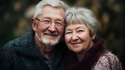 Elderly couple smiling warmly in an outdoor setting