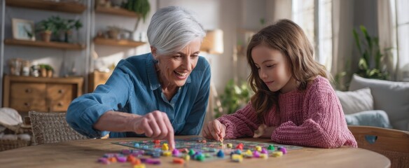 The grandmother and granddaughter playing a colorful board game at a cozy living room table