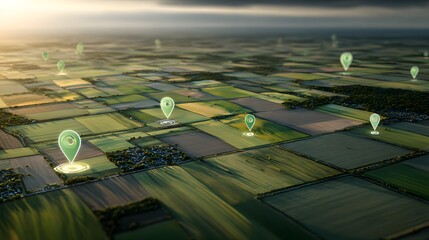 Multiple glowing location markers highlight various points across an expansive, patchwork landscape viewed from above.