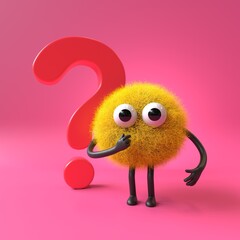 Fluffy, cute monster beside a question mark, symbolizing inquiry or curiosity. 3D rendering, conceptual image. Isolated on white background.