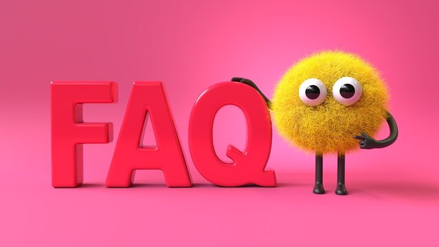 Fluffy, cute monster next to "FAQ" letters, symbolizing help and information. 3D rendering, conceptual image. Isolated on white background.