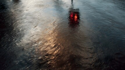 A red traffic light glows beneath the surface of dark floodwaters its reflection rippling on the wet urban street