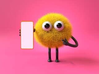 Fluffy, cute monster presents a phone, symbolizing digital interaction. 3D rendering, conceptual image. Isolated on white background.