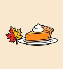 Thanksgiving Pumpkin Pie Slice with Whipped Cream on Plate Next to a Maple Leaf - Autumn Dessert