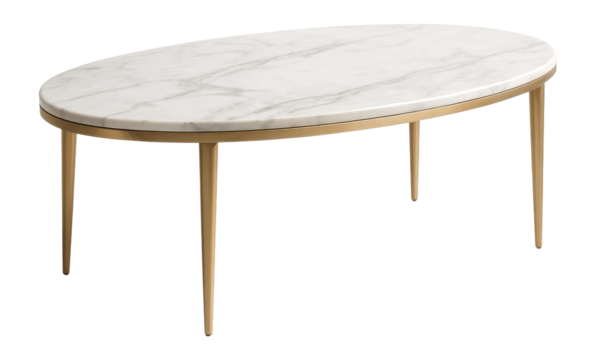 An oval marble-top coffee table, enhancing elegance in a luxury apartment lounge.