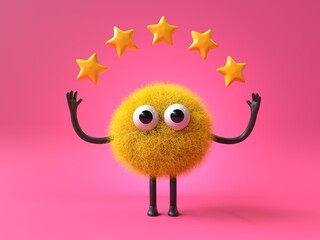 Fluffy, cute monster with five stars, representing top-quality service. 3D rendering, conceptual image. Isolated on white background.