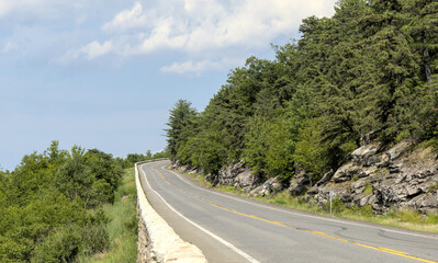 windy curvy curved turn turning road near minnewaska state park shawangunks pitch pine trees new paltz new york no cars traffic empty rocky mountain highway roadway paved pavement lines driving