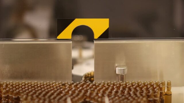 High-definition footage of an automated cleanroom assembly where glass ampoules are washed, filled with injectable medication, sterilized, and hermetically sealed. Showcases precision robotics, strict