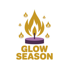 Glow season candle icon, golden flame over purple base, warm festive message, cozy winter celebration, vector illustration, isolated