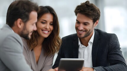 Diverse business professionals smiling while collaborating over a digital tablet in a bright office