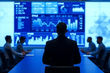 Generative AI analyzing financial data with team in meeting room.