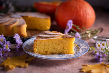 Pumpkin pie for breakfast. A slice of pumpkin pie on a beautiful plate for dessert. Close-up