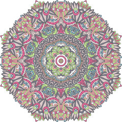 Colorful mandala design with intricate floral patterns and symmetry . Muted pastel Color Tribal ornamental psychedelic mandala 