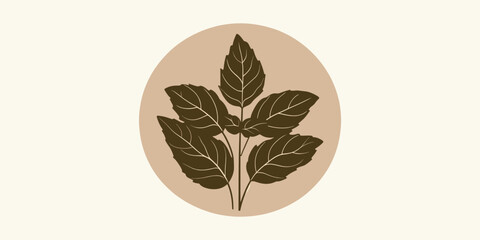 Obraz premium Illustration of a sprig of dark green leaves in a circular emblem, conveying a natural and organic feel