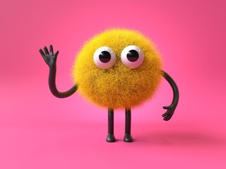 Fluffy, cute monster waving, symbolizing greeting or friendliness. 3D rendering, conceptual image. Isolated on white background.
