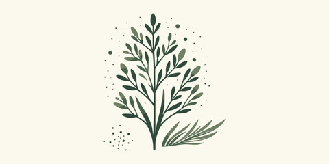 Hand-drawn minimalist botanical illustration of a green sprig with leaves, symbolizing nature, growth, and organic simplicity for wellness concepts