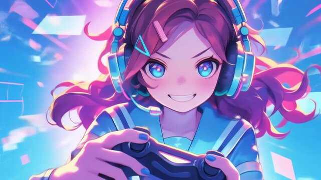 anime girl animation with headset playing games