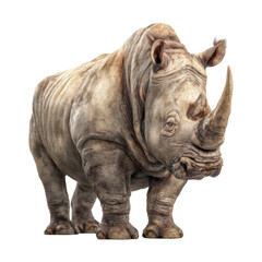 Obraz premium Majestic Rhinoceros: A formidable rhinoceros stands tall, showcasing its thick, textured hide and iconic horn, a symbol of strength and resilience.