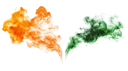 Abstract orange and green ink splashes forming a heart shape isolated on transparent background