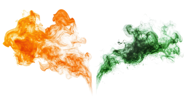 Abstract orange and green ink splashes forming a heart shape isolated on transparent background