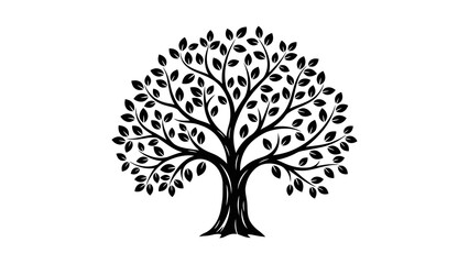 Stylized Black Silhouette of a Leafy Tree black and white isolated on a transparent background