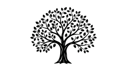 Stylized Black Silhouette of a Leafy Tree black and white isolated on a transparent background