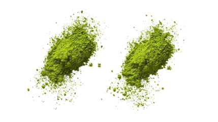 Green tea powder clouds side by side on transparent background
