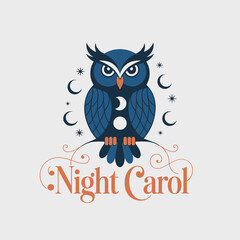 decorative night carol owl, crescent moons and stars, vintage choir vibe, magical winter serenade, charming vector