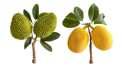 Two ripe jackfruit on branches isolated on transparent background