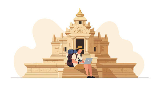 Adventurer Using Technology at Historic Temple during a Digital Nomad Expedition