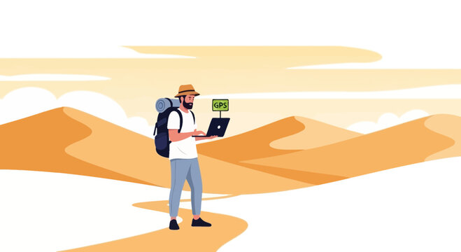 Adventurer Utilizing Technology for Navigation in a Desolate Desert Landscape