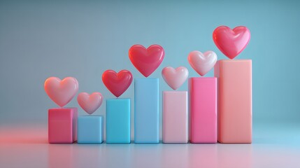 Three dimensional shiny hearts ascend over rising pastel colored rectangular blocks in a sequence