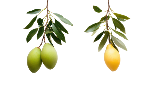 Two branches with green leaves and fruit isolated on transparent background