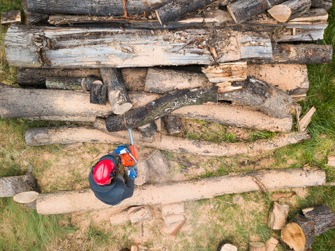 Lumberjack with a chainsaw cutting trees in the forest. Preparing firewood for winter. Top down view. Aerial view from drone

