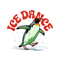 Ice Dance penguin skating fast, splashy snow trails, energetic winter sports mascot, fun holiday poster art vector