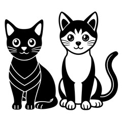 Two cute cartoon cats in silhouette style isolated on white background