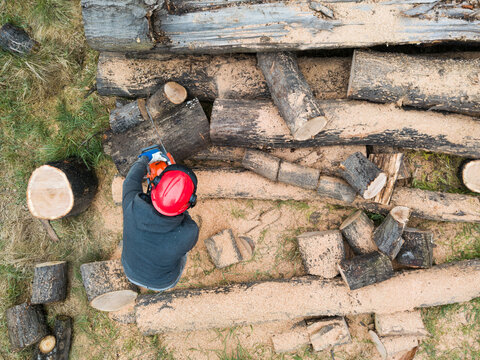 Lumberjack with a chainsaw cutting trees in the forest. Preparing firewood for winter. Top down view. Aerial view from drone
