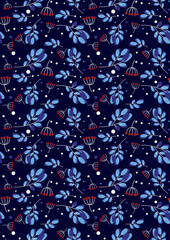 Winter Seamless Vector Floral Pattern with Green Branches, Leaves and Stars on a dark Blue Background.	
