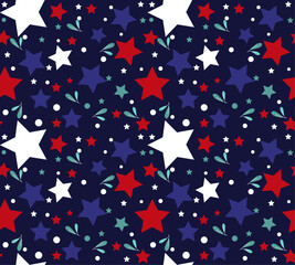 Winter Seamless Vector Floral Pattern with Small Green Branches and Stars on a dark Blue Background.	