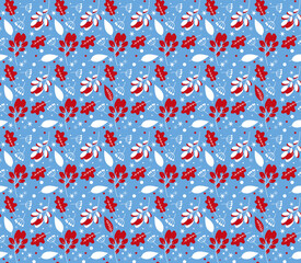 Winter Seamless Vector Floral Pattern with Branches, Leaves and Stars on a Blue Background.	